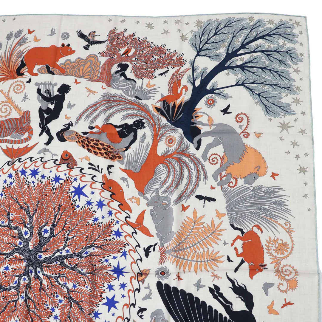 HERMES Stall Main: 70% cashmere, Main: 30% silk Terracotta White Carre140 Caregean Under the Charm of Orpheus Women Used Authentic