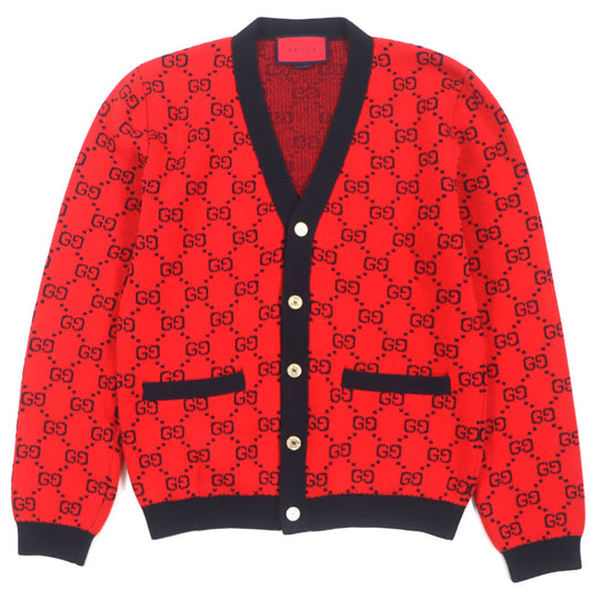 GUCCI cardigan 661156 Main: 54% wool, Main: 46% cotton, Part: 52% wool, Part: 45% cotton, Part: 2% nylon Red black Women M Used Authentic