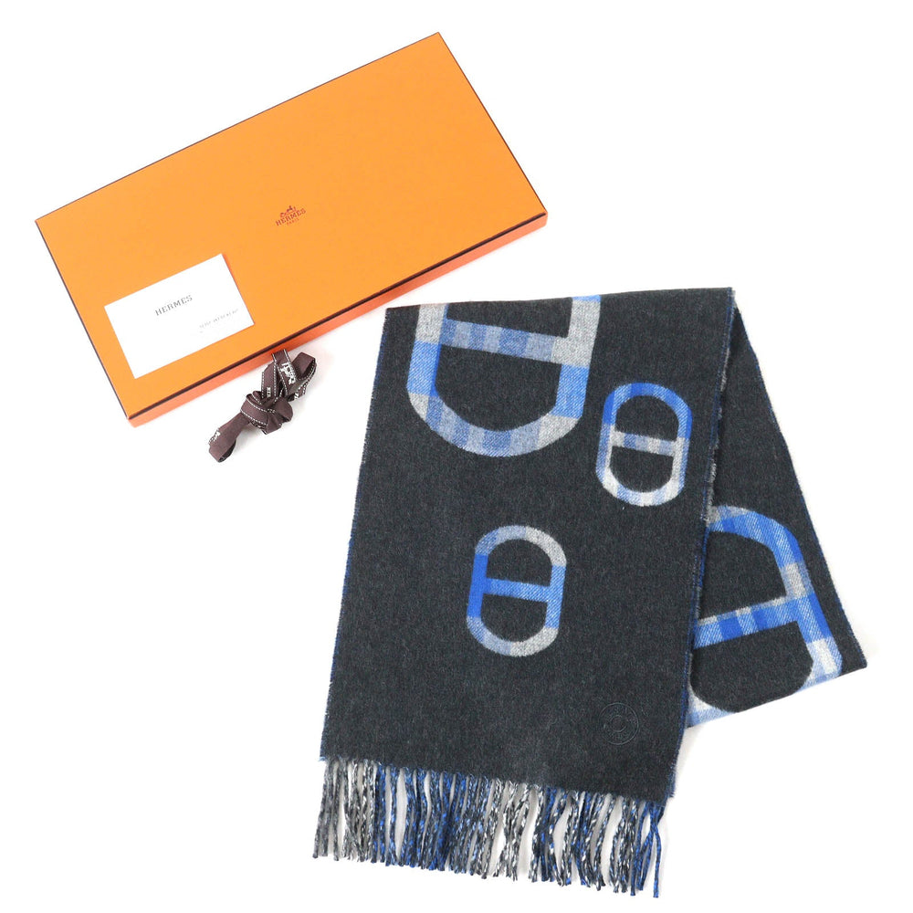HERMES Scarf Main: 100% cashmere Anthracite/Blue tartan maillon Women Used Authentic