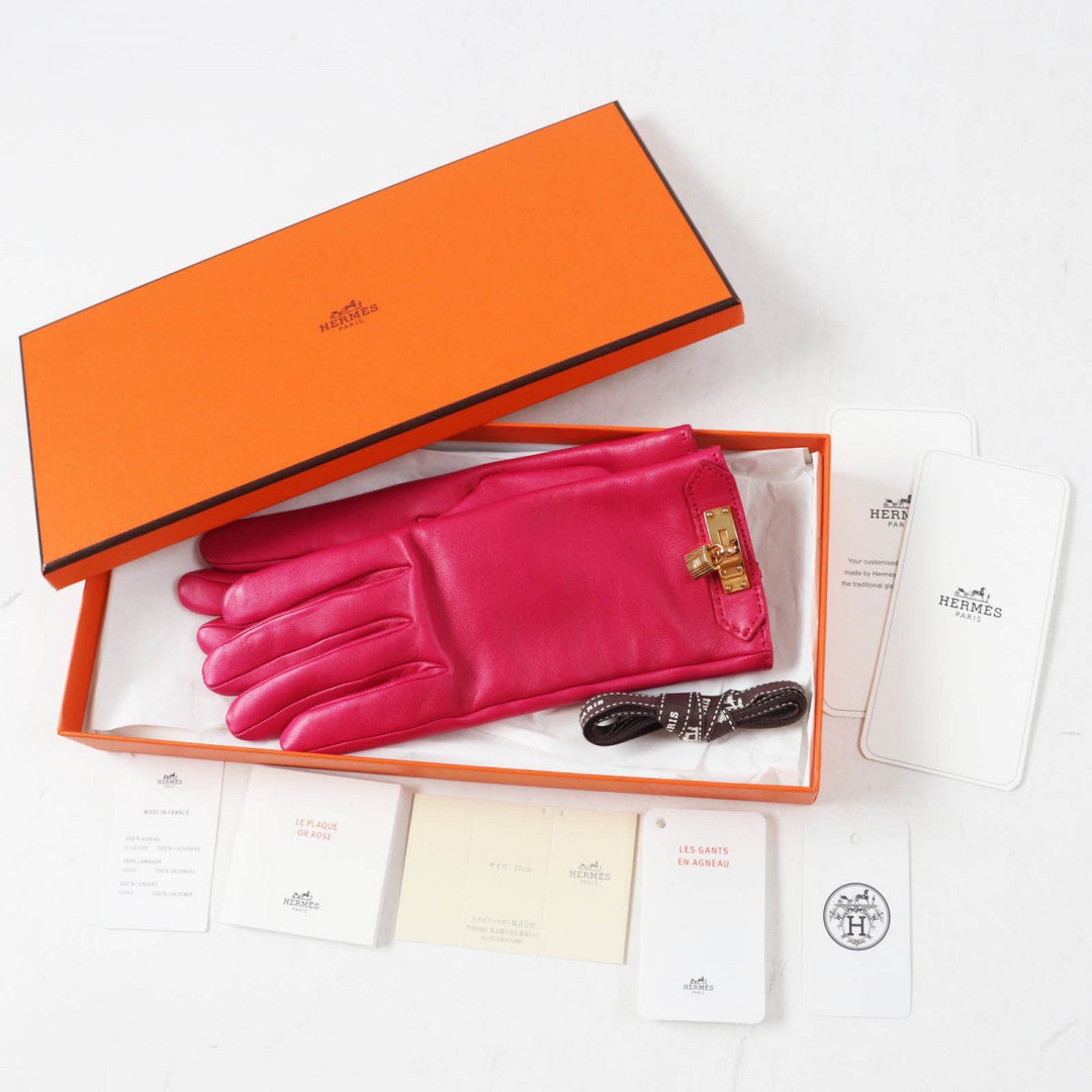 HERMES gloves Main: 100% lamb leather, lining: 100% cashmere shocking pink SOYA Women 6.5 Used Authentic