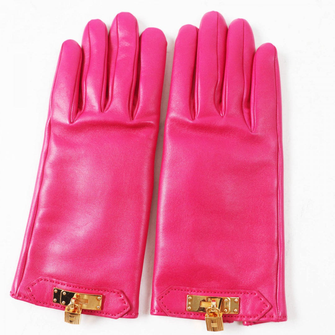HERMES gloves Main: 100% lamb leather, lining: 100% cashmere shocking pink SOYA Women 6.5 Used Authentic