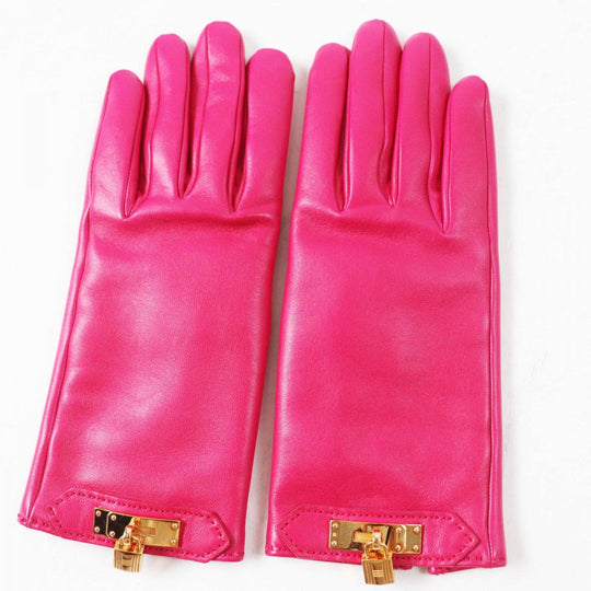 HERMES gloves Main: 100% lamb leather, lining: 100% cashmere shocking pink SOYA Women 6.5 Used Authentic