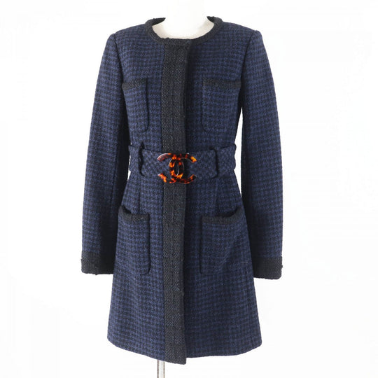CHANEL coat P57229 Outer: 80% wool, Outer: 14% nylon, Outer: 6% rayon, Lining: 100% silk, Part: 62% wool Black navy Women 34 Used Authentic