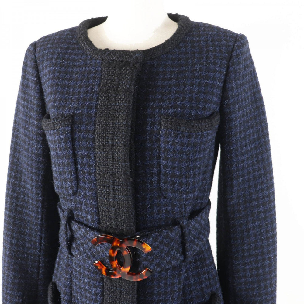 CHANEL coat P57229 Outer: 80% wool, Outer: 14% nylon, Outer: 6% rayon, Lining: 100% silk, Part: 62% wool Black navy Women 34 Used Authentic