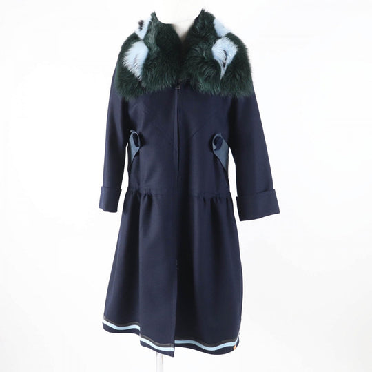 FENDI coat FF8246 Outer: 87% wool, Outer: 10% cashmere, Outer: 3% polyurethane, Lining: 100% silk, Fur: fox Navy Women 40 Used Authentic
