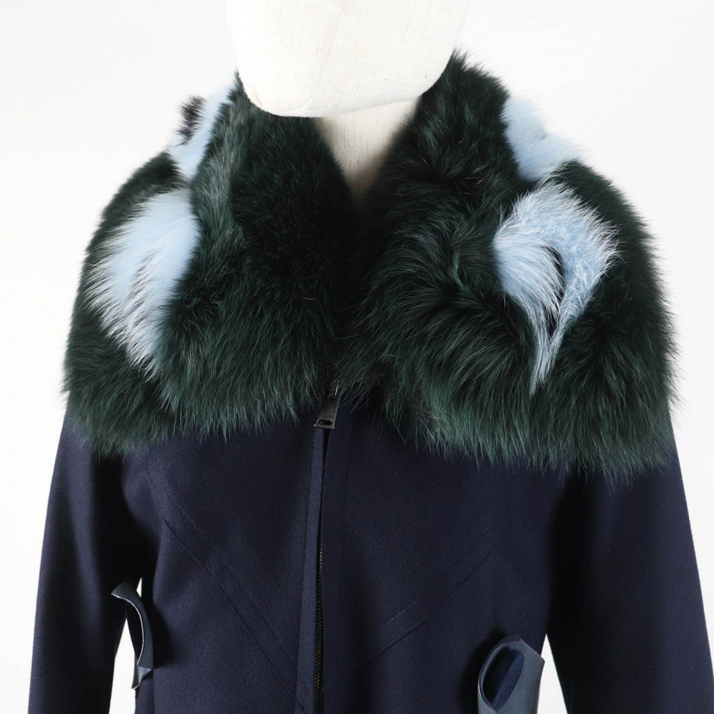 FENDI coat FF8246 Outer: 87% wool, Outer: 10% cashmere, Outer: 3% polyurethane, Lining: 100% silk, Fur: fox Navy Women 40 Used Authentic
