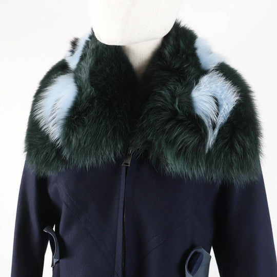 FENDI coat FF8246 Outer: 87% wool, Outer: 10% cashmere, Outer: 3% polyurethane, Lining: 100% silk, Fur: fox Navy Women 40 Used Authentic