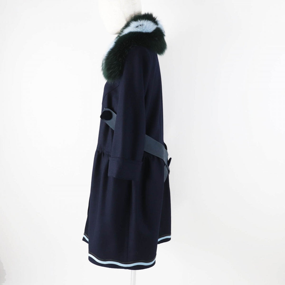 FENDI coat FF8246 Outer: 87% wool, Outer: 10% cashmere, Outer: 3% polyurethane, Lining: 100% silk, Fur: fox Navy Women 40 Used Authentic