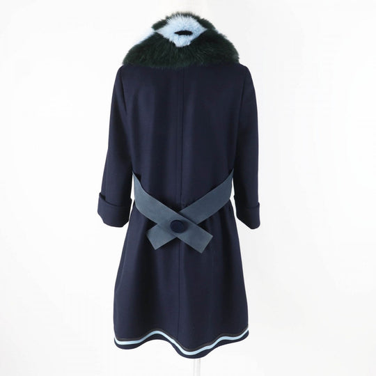 FENDI coat FF8246 Outer: 87% wool, Outer: 10% cashmere, Outer: 3% polyurethane, Lining: 100% silk, Fur: fox Navy Women 40 Used Authentic