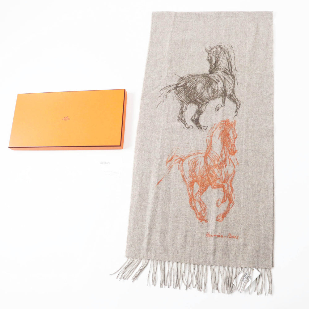 HERMES Scarf Main: 100% cashmere Greige Orange Gallop Pirouette mens Used Authentic