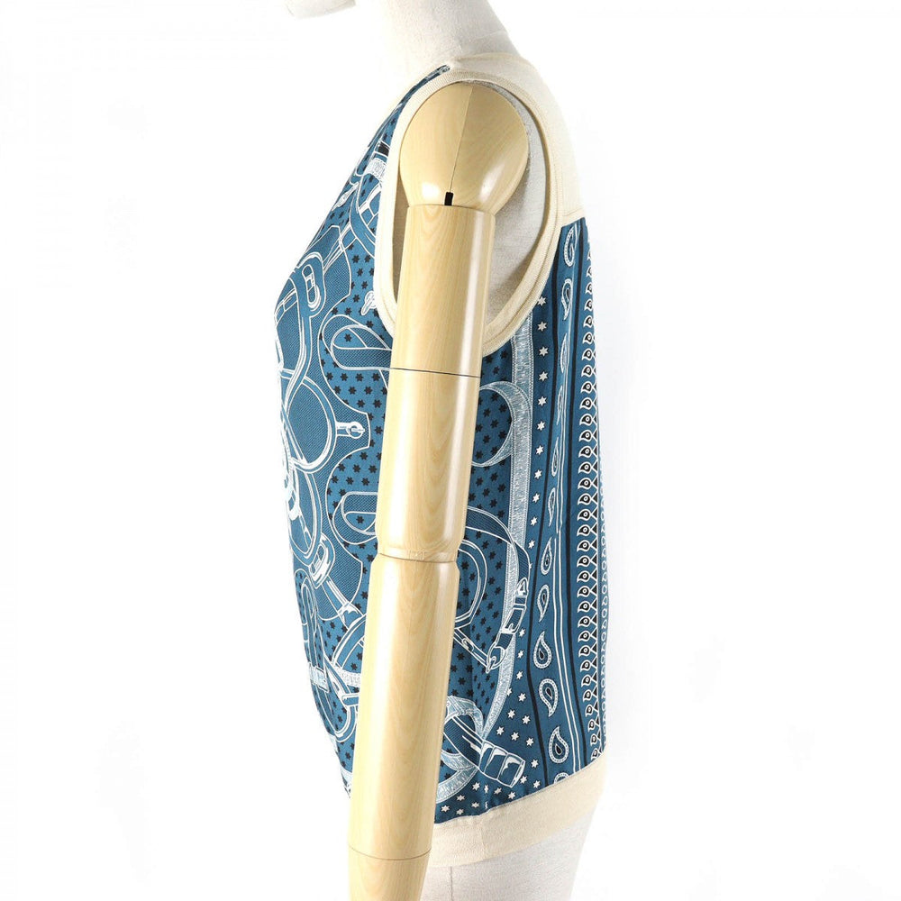 HERMES tops silk Blue type Ivory Eperon d'or Golden Spur 34