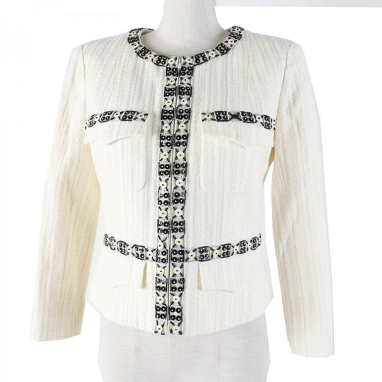 CHANEL Jacket 03P P21247 Outer: 56% cotton, Outer: 44% linen, Lining: 95% silk, Lining: 5% elastane (polyurethane) Ivory black Women 38 Used Authentic