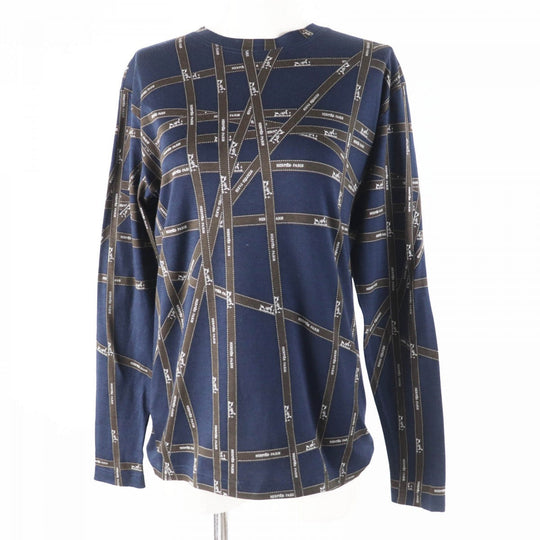 HERMES Long-sleeved T-shirt Main: 100% cotton Navy brown Bolduc Ribbon Pattern Women S Used Authentic