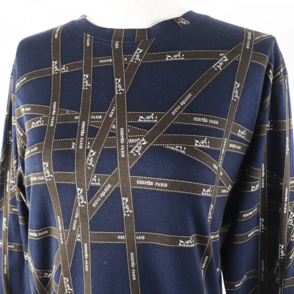 HERMES Long-sleeved T-shirt Main: 100% cotton Navy brown Bolduc Ribbon Pattern Women S Used Authentic