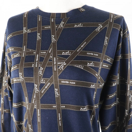 HERMES Long-sleeved T-shirt Main: 100% cotton Navy brown Bolduc Ribbon Pattern Women S Used Authentic