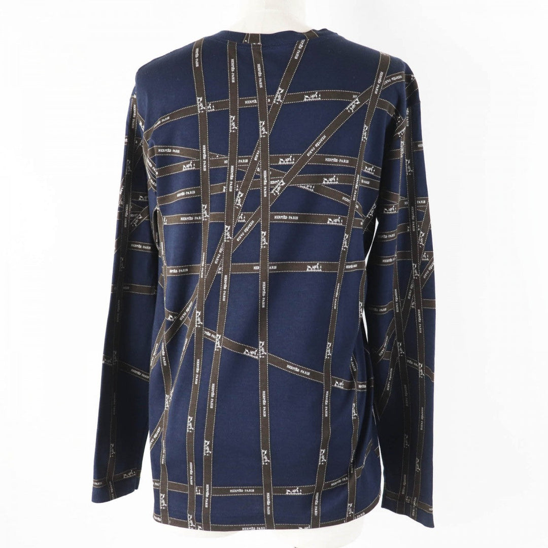 HERMES Long-sleeved T-shirt Main: 100% cotton Navy brown Bolduc Ribbon Pattern Women S Used Authentic