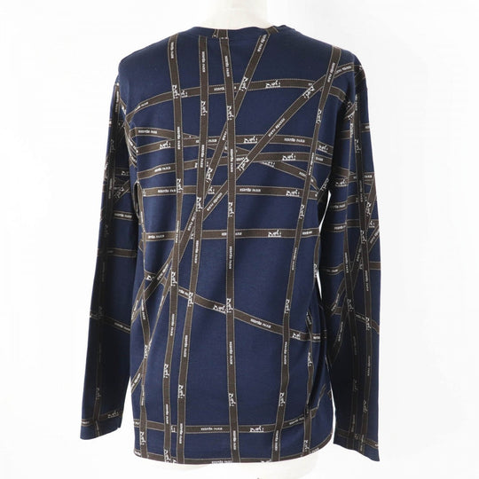 HERMES Long-sleeved T-shirt Main: 100% cotton Navy brown Bolduc Ribbon Pattern Women S Used Authentic