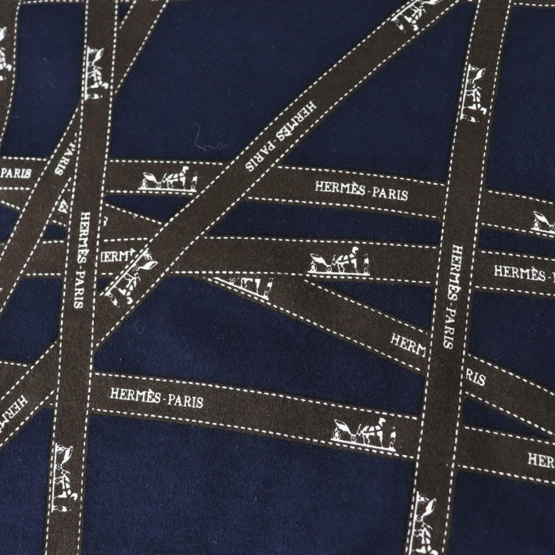HERMES Long-sleeved T-shirt Main: 100% cotton Navy brown Bolduc Ribbon Pattern Women S Used Authentic