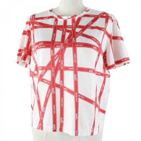 HERMES Short sleeve T-shirt Main: 100% cotton White red Margiela period Bolduc Ribbon Pattern Women Used Authentic