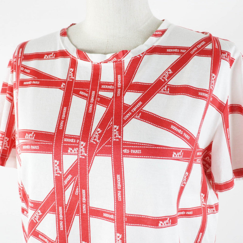 HERMES Short sleeve T-shirt Main: 100% cotton White red Margiela period Bolduc Ribbon Pattern Women Used Authentic