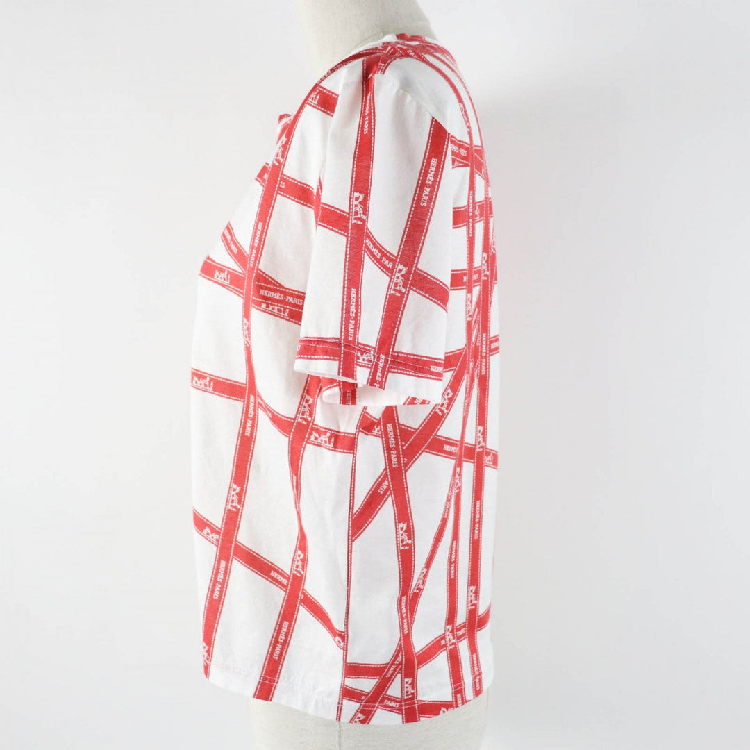 HERMES Short sleeve T-shirt Main: 100% cotton White red Margiela period Bolduc Ribbon Pattern Women Used Authentic