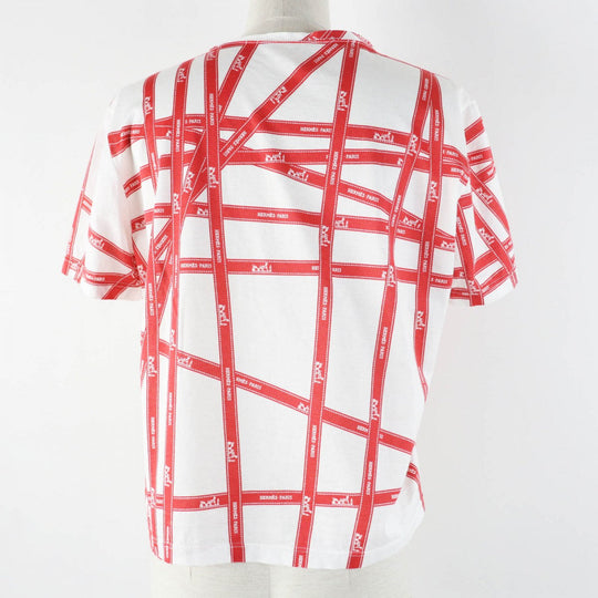 HERMES Short sleeve T-shirt Main: 100% cotton White red Margiela period Bolduc Ribbon Pattern Women Used Authentic