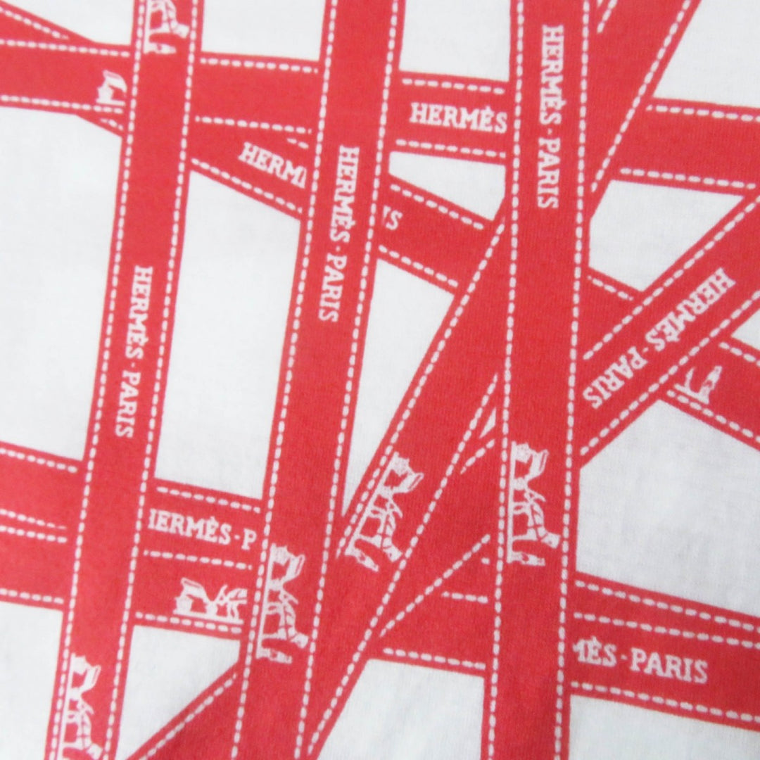 HERMES Short sleeve T-shirt Main: 100% cotton White red Margiela period Bolduc Ribbon Pattern Women Used Authentic