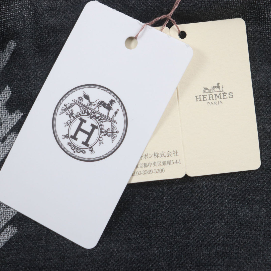 HERMES Scarf Main: 70% cashmere, Main: 30% silk Black Grey H ambriquet mens Used Authentic