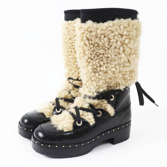 CHANEL boots 20B G35157 Main: Leather, Part: Mouton Black beige Women 37 Used Authentic