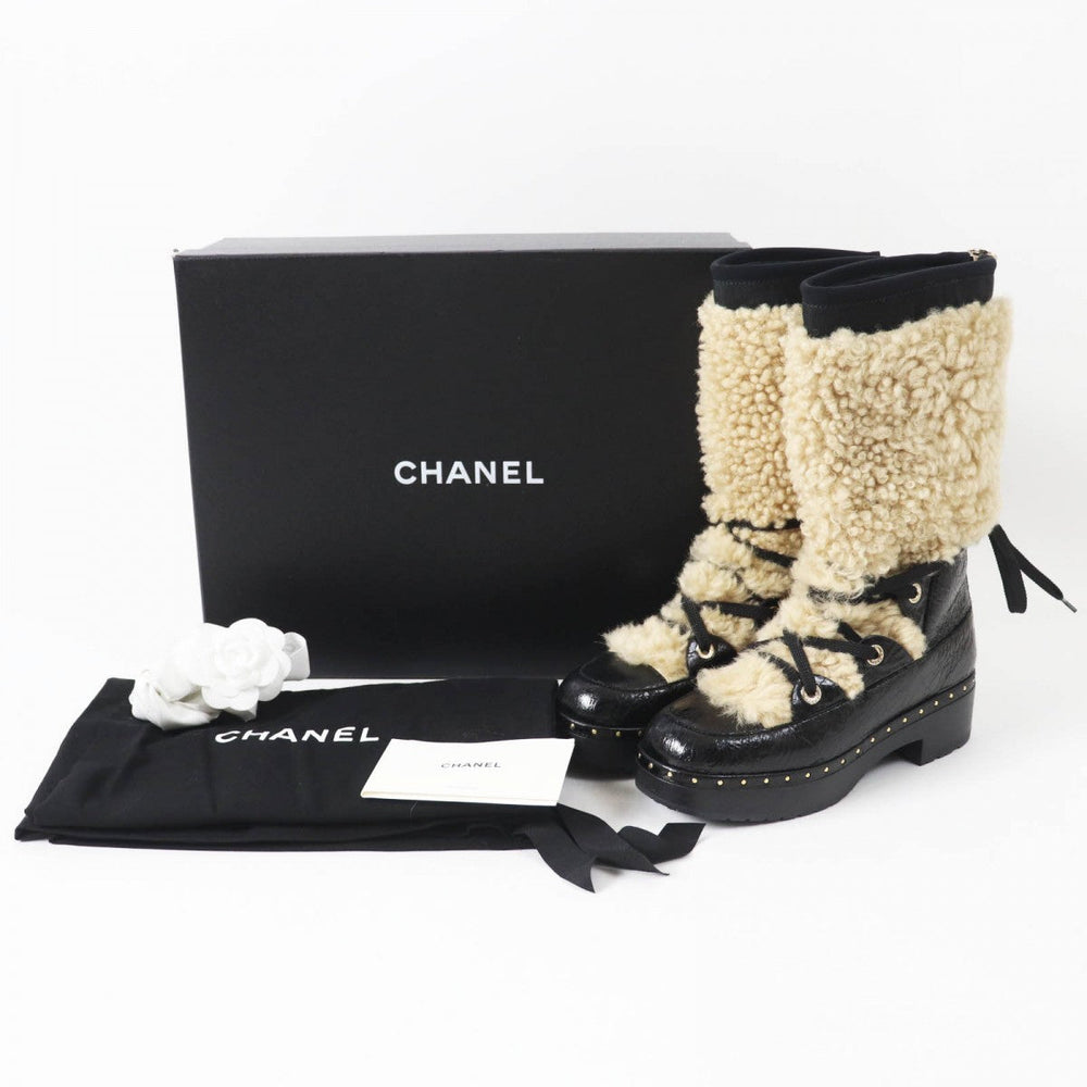 CHANEL boots 20B G35157 Main: Leather, Part: Mouton Black beige Women 37 Used Authentic