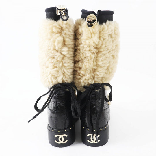 CHANEL boots 20B G35157 Main: Leather, Part: Mouton Black beige Women 37 Used Authentic