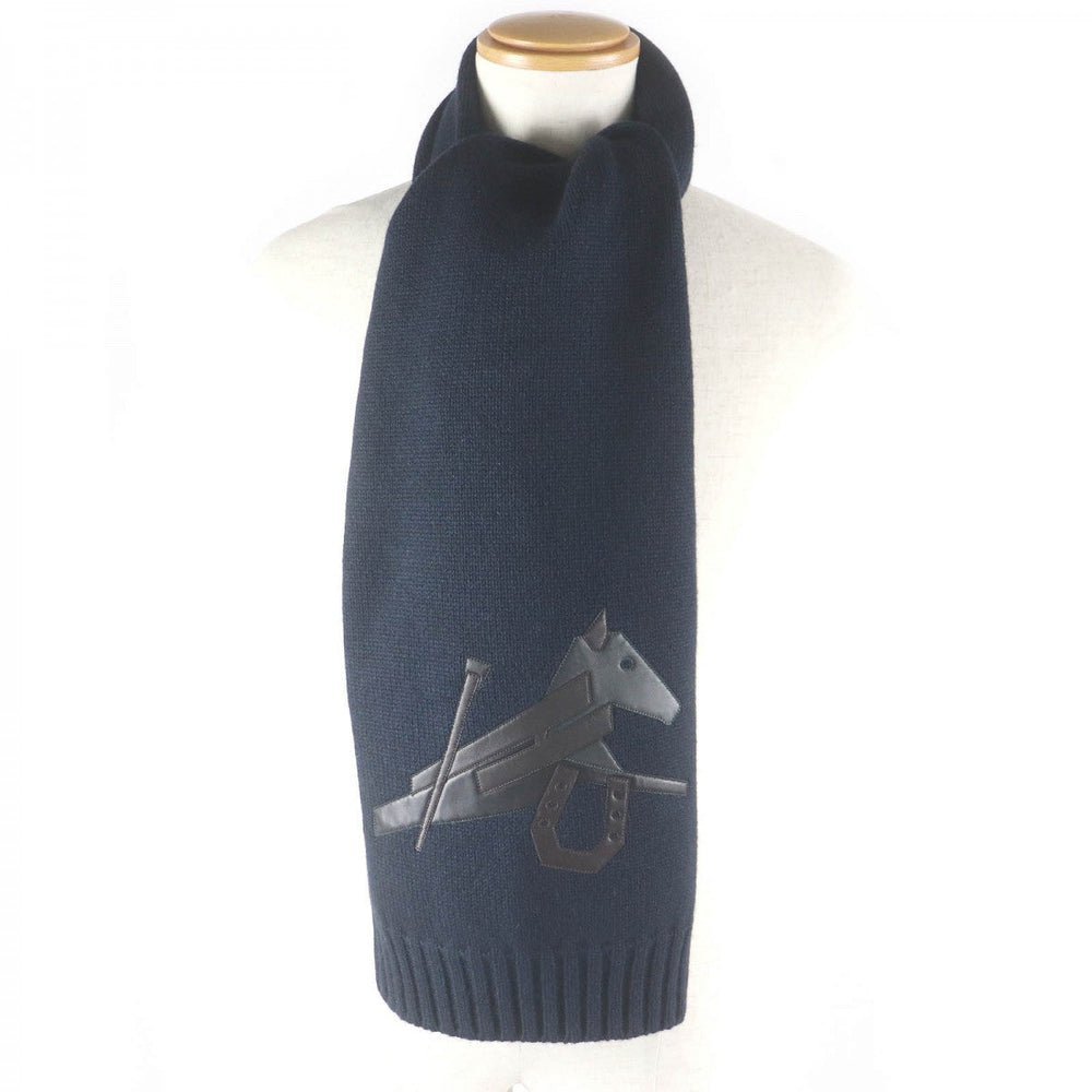 HERMES Scarf H393803T Main: 80% cashmere, Main: 20% silk, Part: Lamb leather Navy Puzzle Equestre mens Used Authentic
