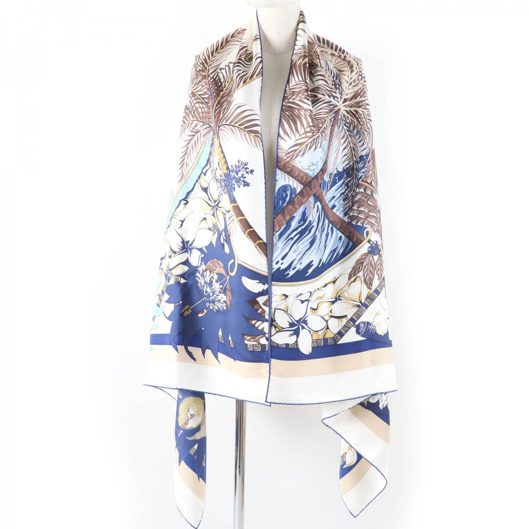 HERMES Stall Main: 100% silk blue Rectangle Aloha Women Used Authentic