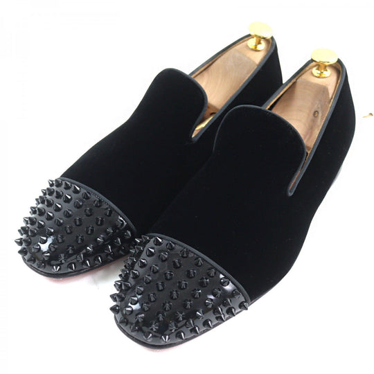 Christian Louboutin Leather shoes Suede, Patent Leather black spike slip-ons Dynodent Flat Suede mens 43 Used Authentic