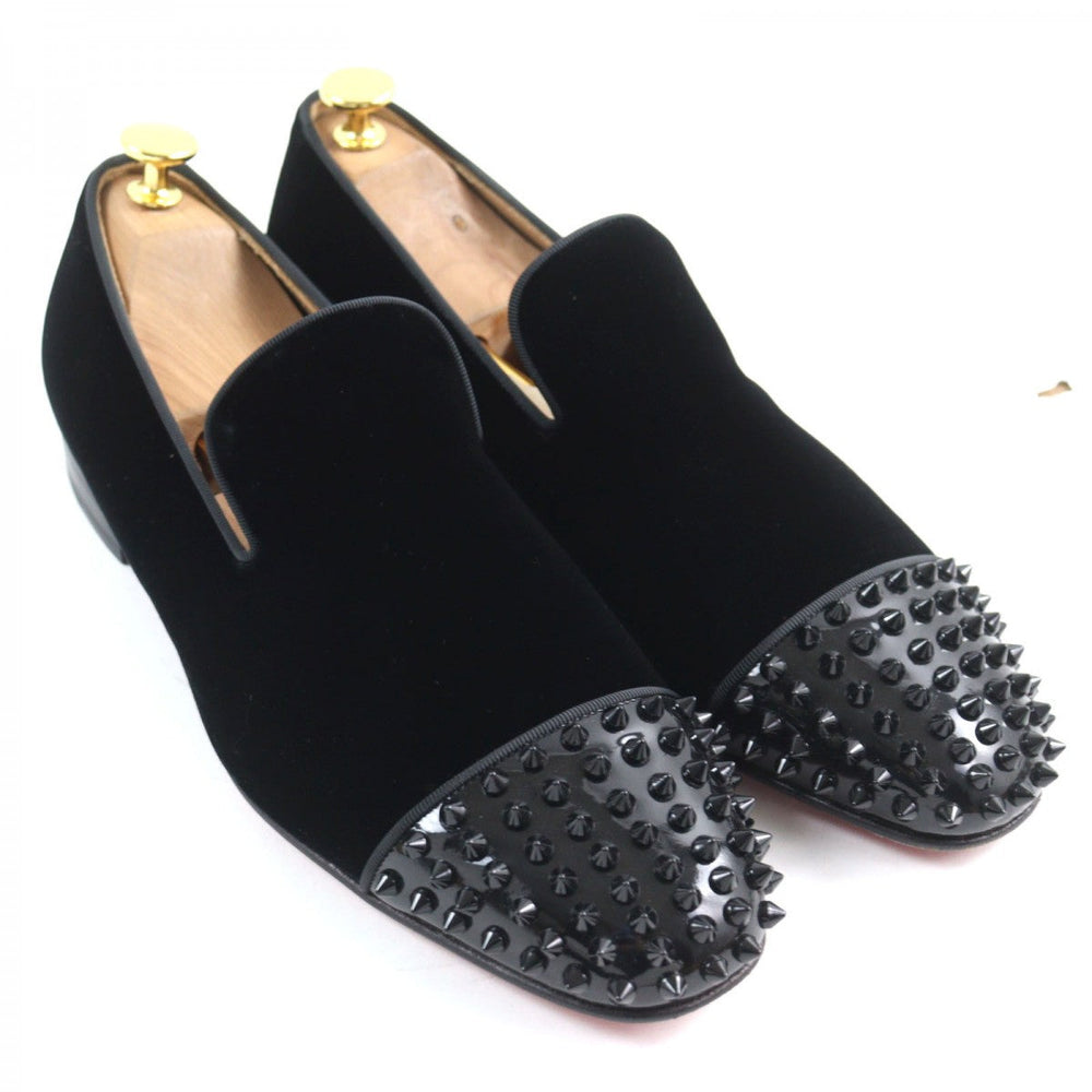 Christian Louboutin Leather shoes Suede, Patent Leather black spike slip-ons Dynodent Flat Suede mens 43 Used Authentic