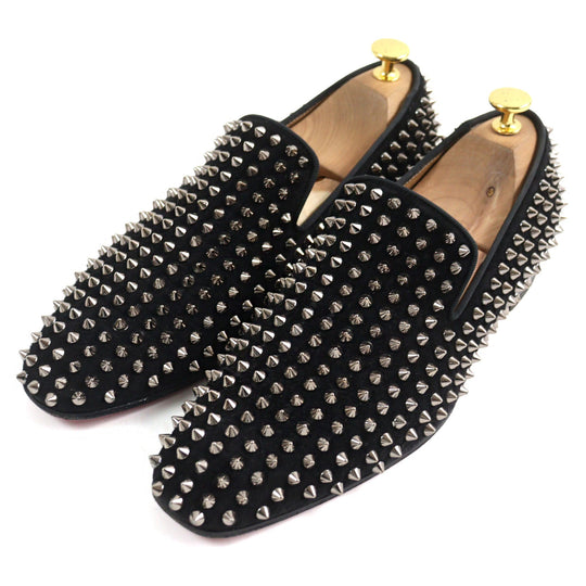 Christian Louboutin Leather shoes Velor Black Silver Slip-ons, Flat shoes Spike studs ROLLERBOY SPIKES mens 40 Used Authentic