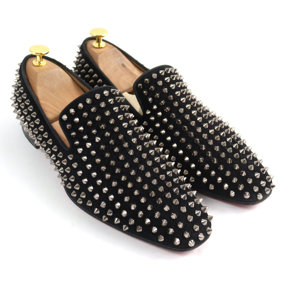 Christian Louboutin Leather shoes Velor Black Silver Slip-ons, Flat shoes Spike studs ROLLERBOY SPIKES mens 40 Used Authentic