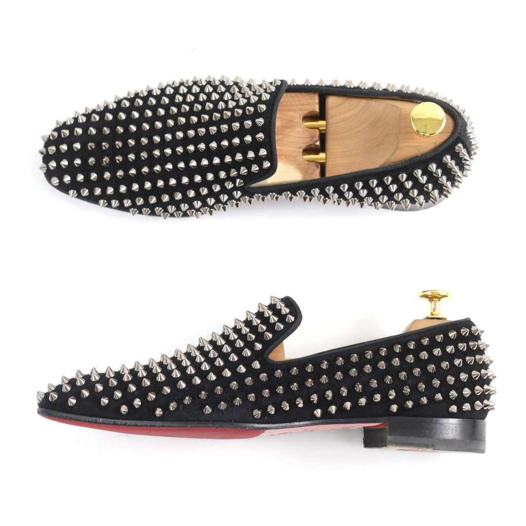 Christian Louboutin Leather shoes Velor Black Silver Slip-ons, Flat shoes Spike studs ROLLERBOY SPIKES mens 40 Used Authentic