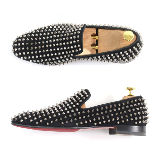 Christian Louboutin Leather shoes Velor Black Silver Slip-ons, Flat shoes Spike studs ROLLERBOY SPIKES mens 40 Used Authentic