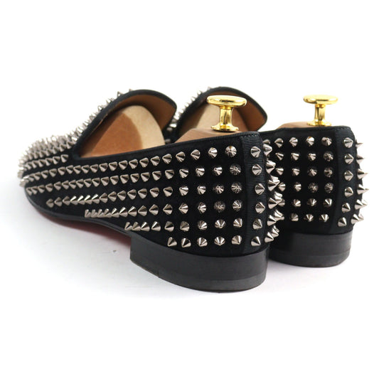 Christian Louboutin Leather shoes Velor Black Silver Slip-ons, Flat shoes Spike studs ROLLERBOY SPIKES mens 40 Used Authentic