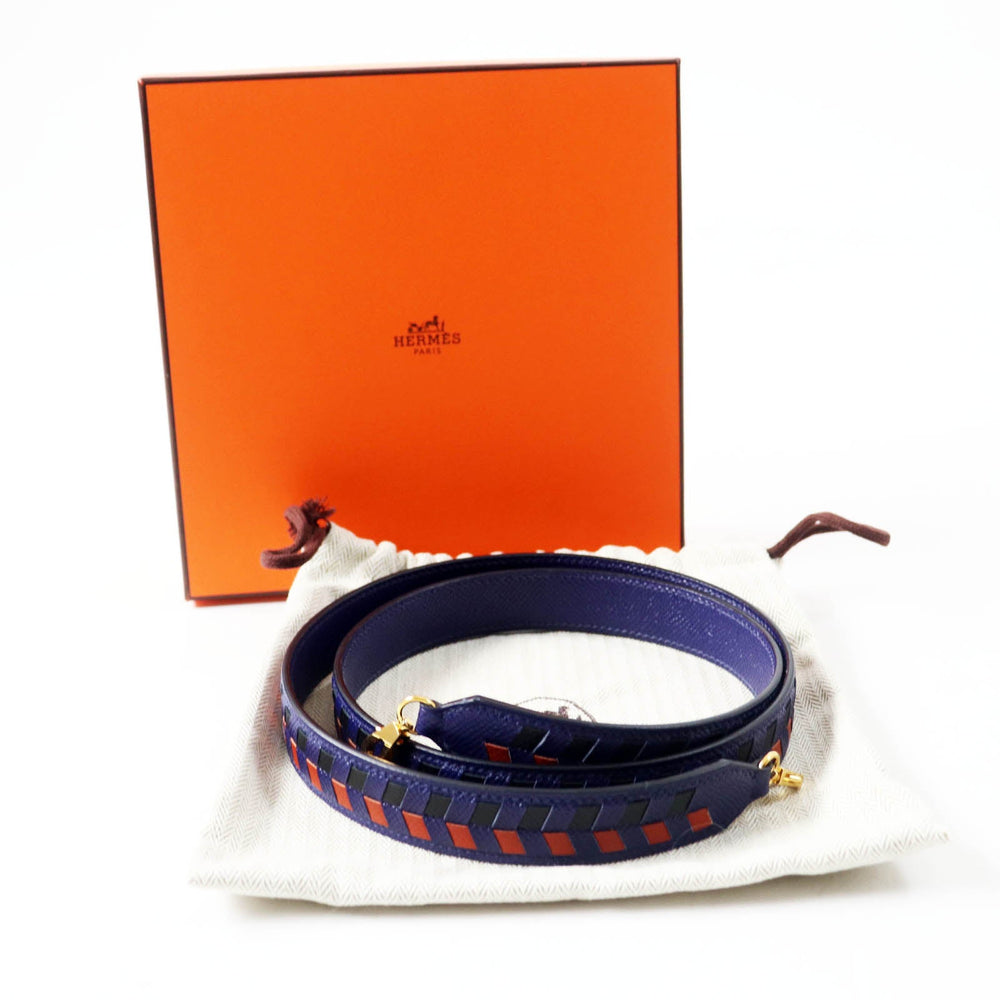 HERMES Shoulder strap Main: Leather Blue Black Brown bandouliere trace de cuir Women Used Authentic
