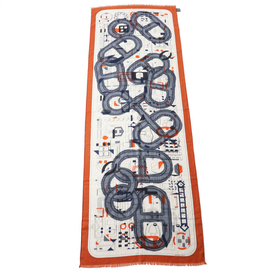 HERMES Stall Main: 70% cashmere, Main: 30% silk Etoupe/Orange/Indigo Rectangle Ampremour Fleur mens Used Authentic