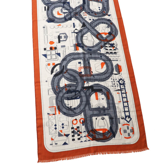 HERMES Stall Main: 70% cashmere, Main: 30% silk Etoupe/Orange/Indigo Rectangle Ampremour Fleur mens Used Authentic