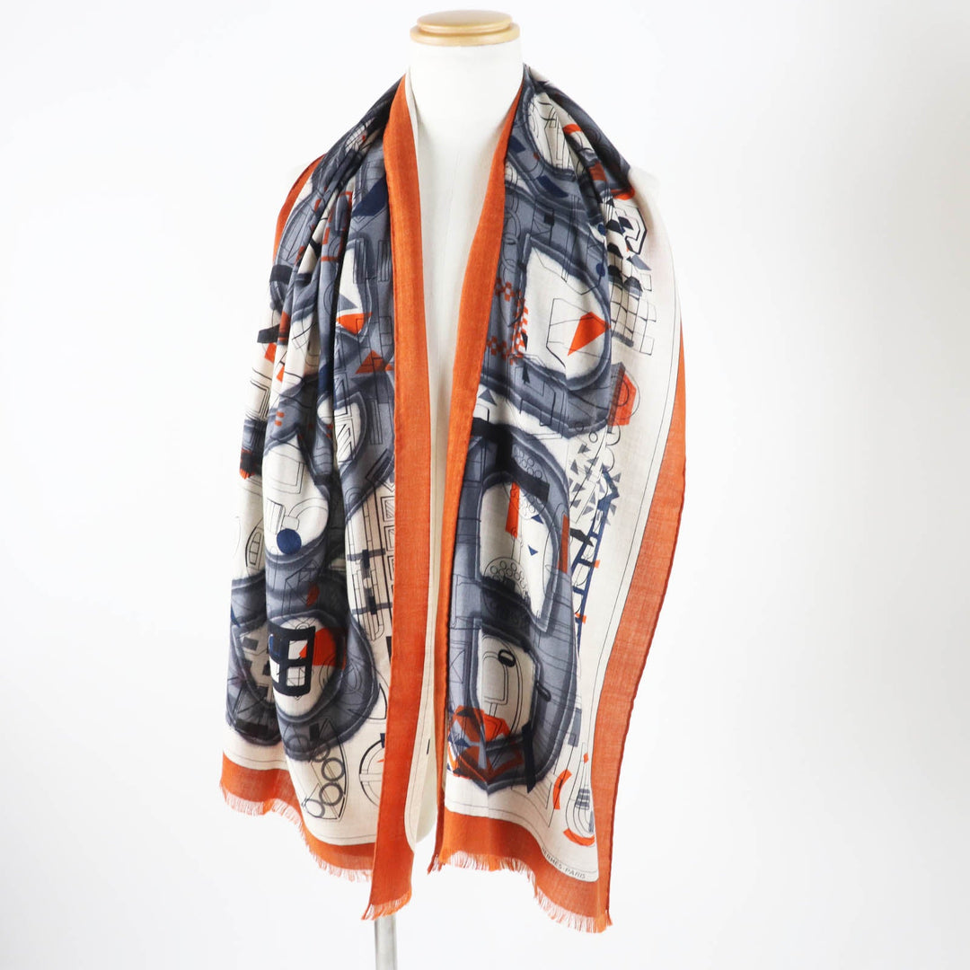 HERMES Stall Main: 70% cashmere, Main: 30% silk Etoupe/Orange/Indigo Rectangle Ampremour Fleur mens Used Authentic