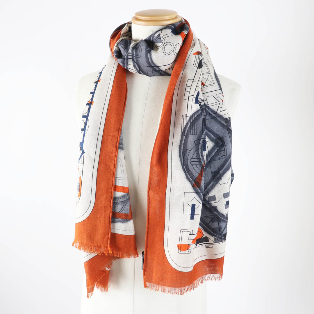 HERMES Stall Main: 70% cashmere, Main: 30% silk Etoupe/Orange/Indigo Rectangle Ampremour Fleur mens Used Authentic