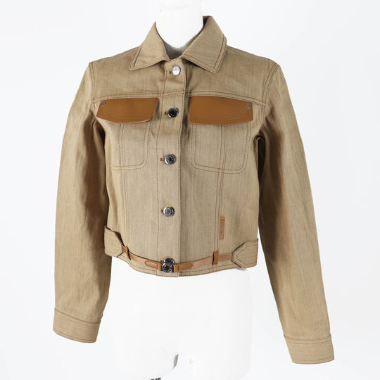 HERMES Denim Jacket 4E0229DV Main: 100% cotton, Lining: 100% cotton, Leather part: Sheepskin Brown beige type Chevron Women 36 Used Authentic