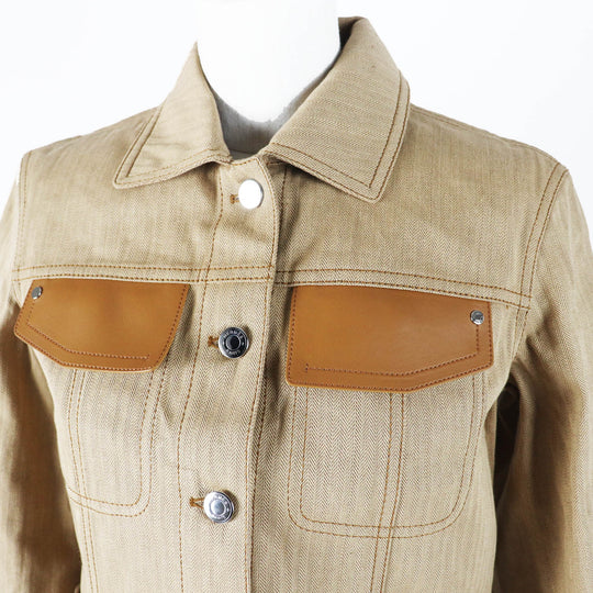 HERMES Denim Jacket 4E0229DV Main: 100% cotton, Lining: 100% cotton, Leather part: Sheepskin Brown beige type Chevron Women 36 Used Authentic
