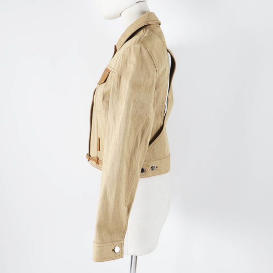 HERMES Denim Jacket 4E0229DV Main: 100% cotton, Lining: 100% cotton, Leather part: Sheepskin Brown beige type Chevron Women 36 Used Authentic