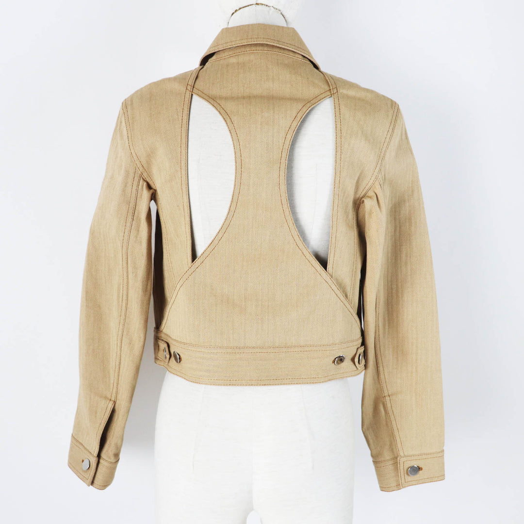 HERMES Denim Jacket 4E0229DV Main: 100% cotton, Lining: 100% cotton, Leather part: Sheepskin Brown beige type Chevron Women 36 Used Authentic