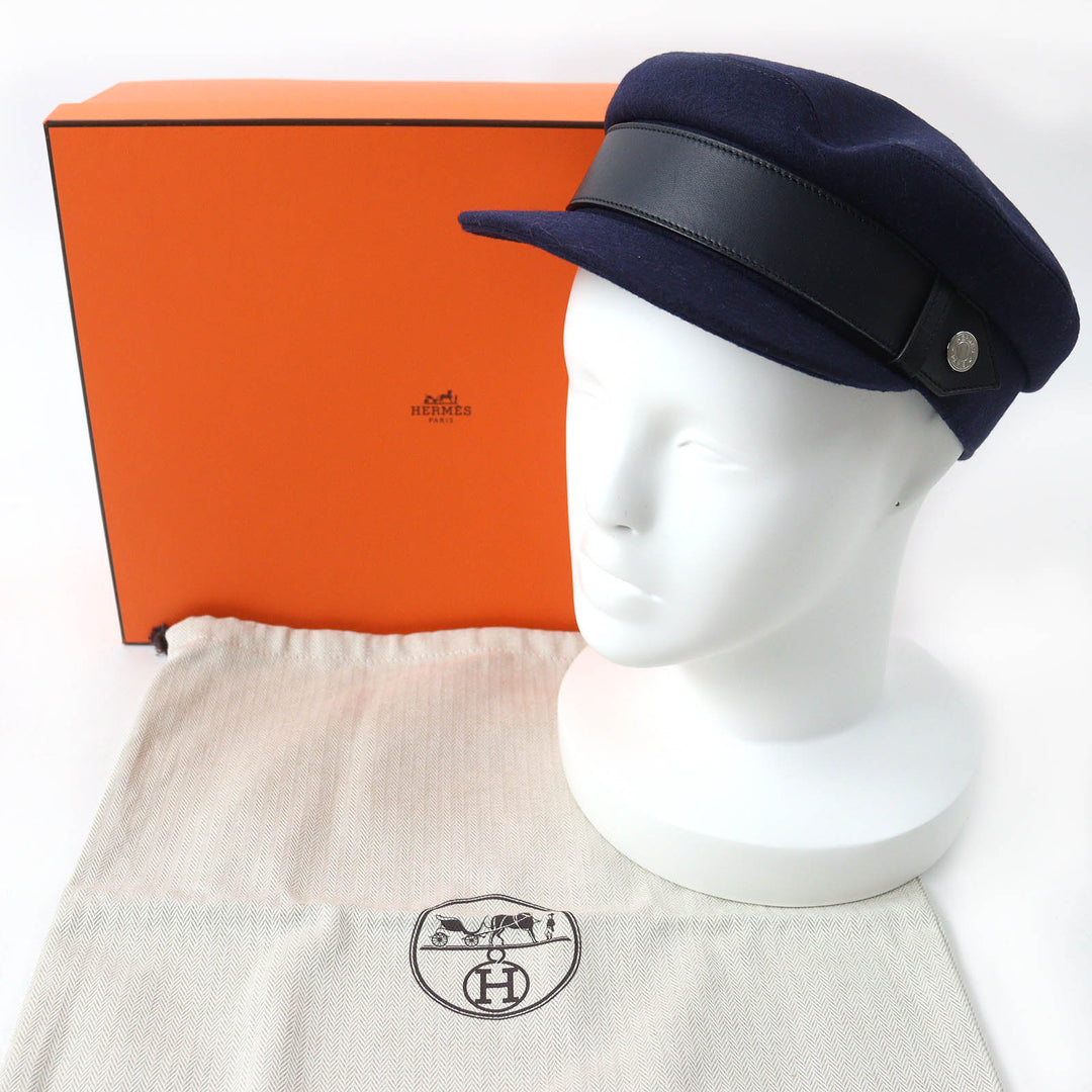 HERMES Casquette Outer: 82% wool, Outer: 18% nylon, Leather part: sheepskin, Lining: 65% rayon, Lining: 35% silk Navy Saint-Malo Women Used Authentic